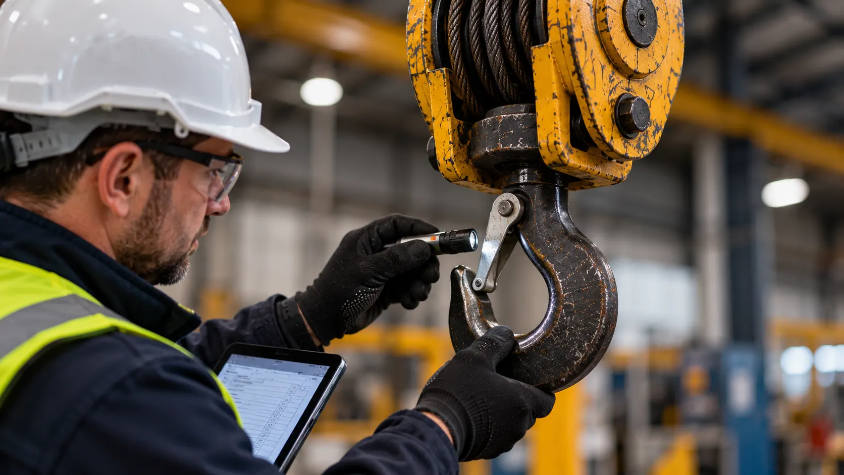 Technician inspecting a large industrial lifting hook with a flashlight in a warehouse