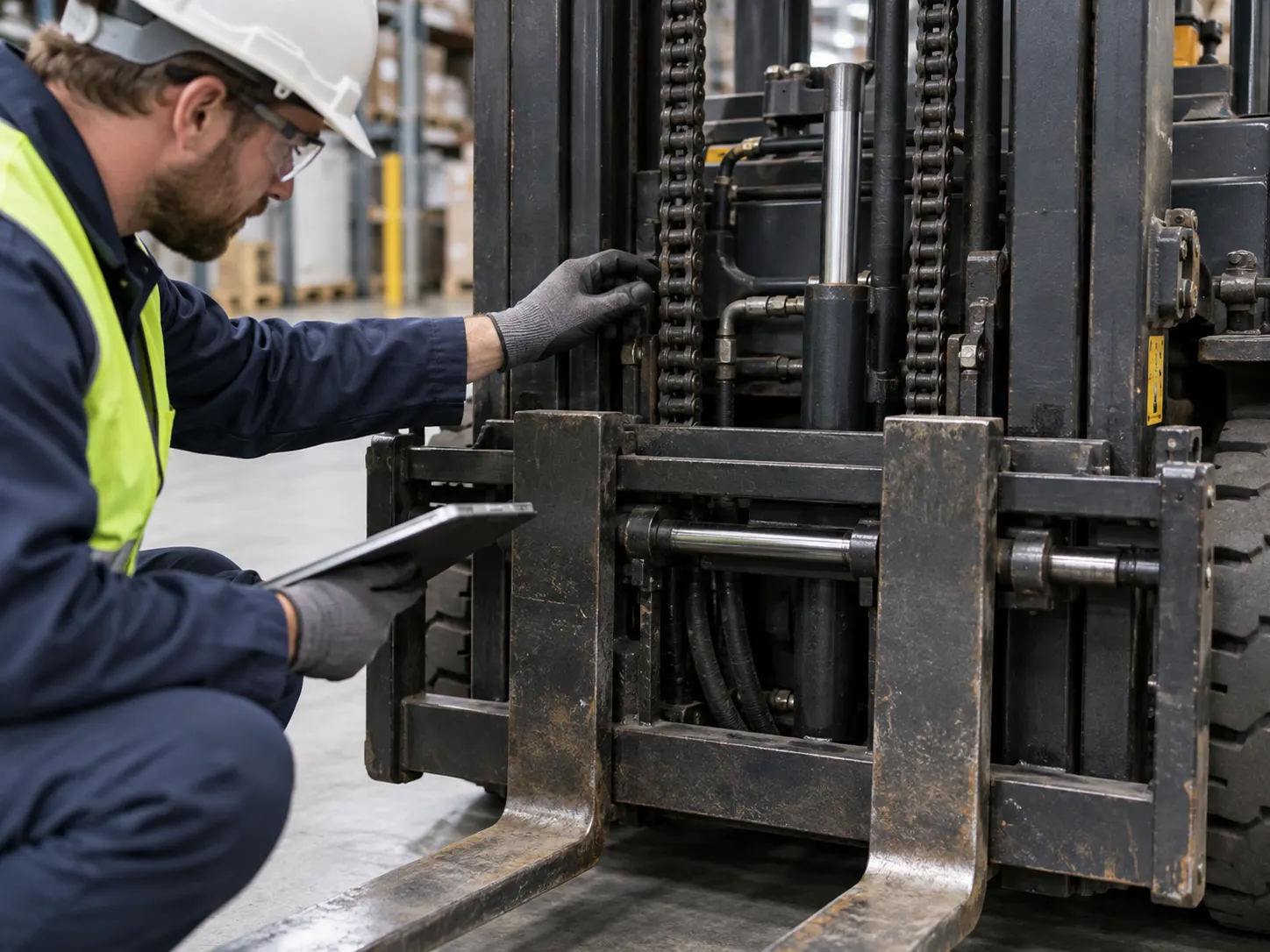 Technician wearing safety gear inspecting forklift machinery in a warehouse