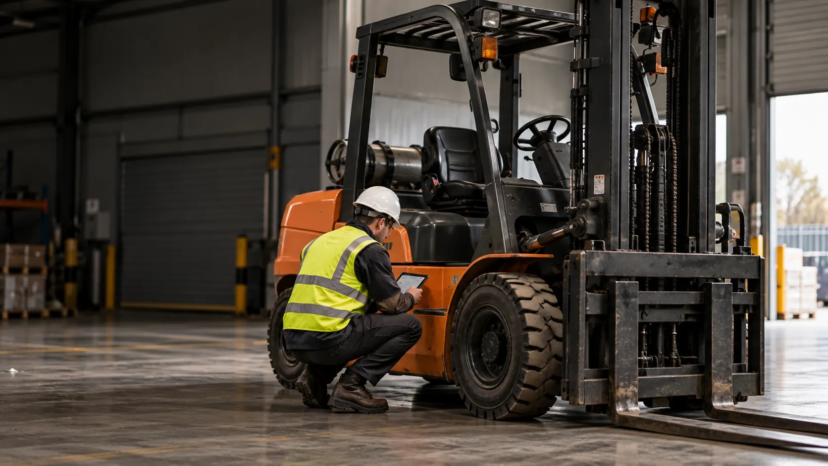 Worker in safety vest and helmet inspecting an orange forklift in a warehouse