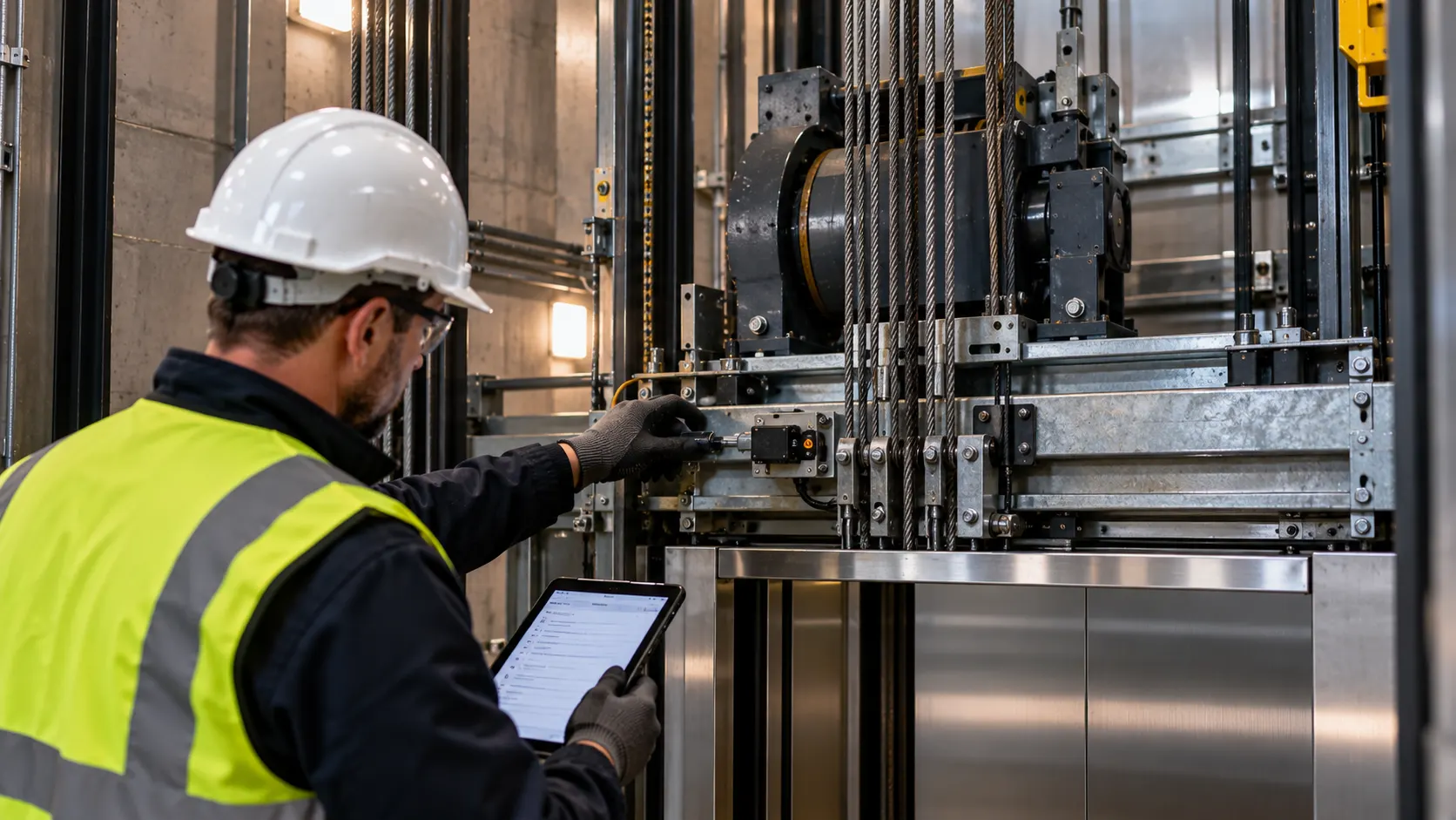 Engineer in high visibility jacket and helmet inspecting lift machinery with tablet in industrial lift shaf