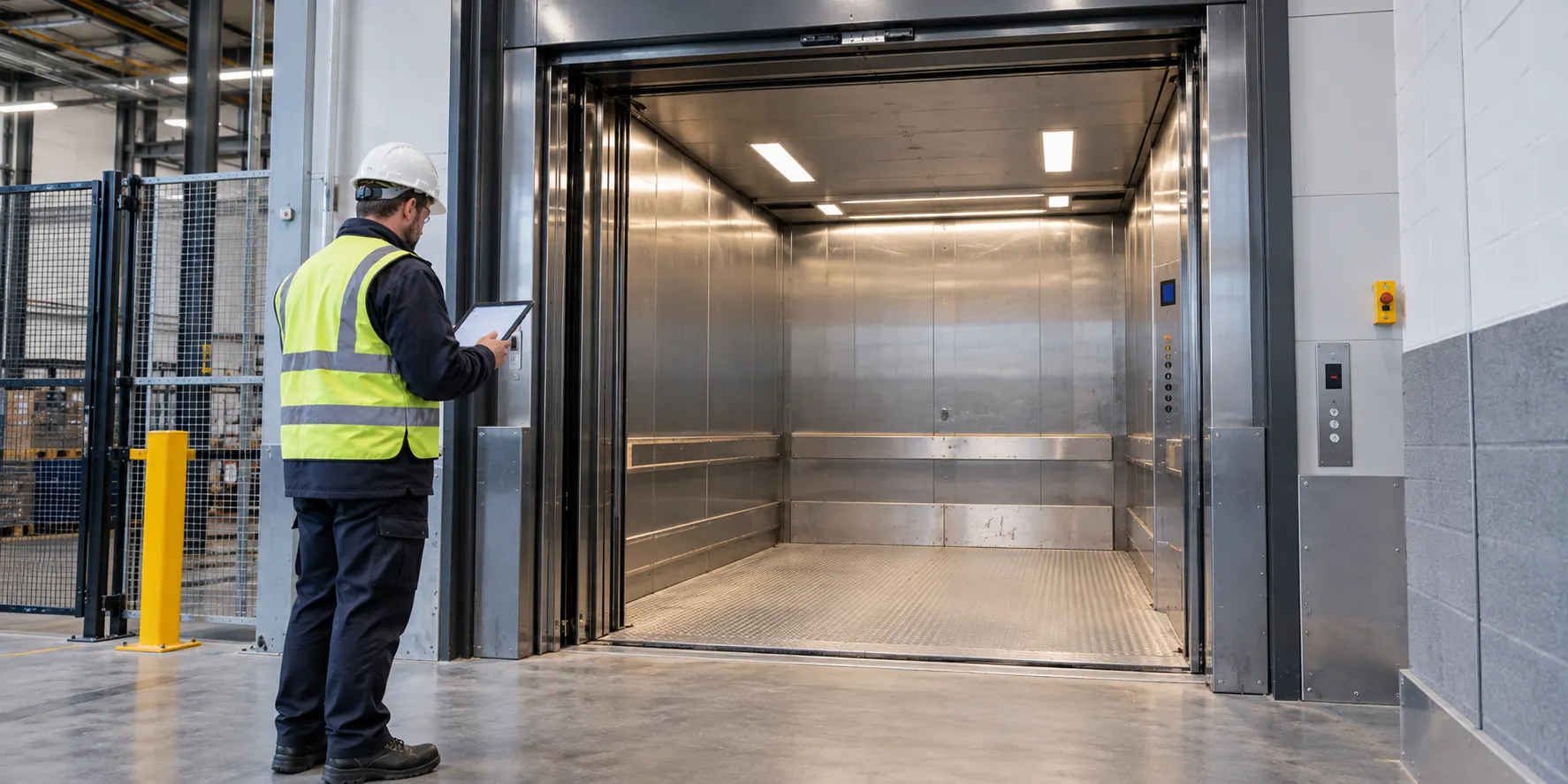 Technician in safety vest inspecting a large industrial goods lift in a warehouse