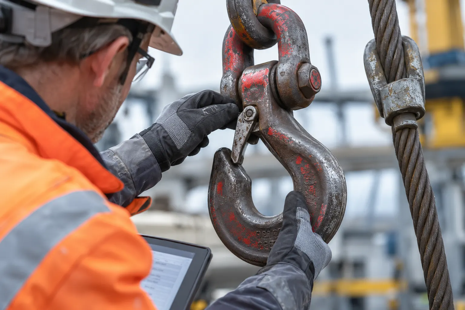 Engineer in safety gear inspecting a large industrial metal hook on a crane