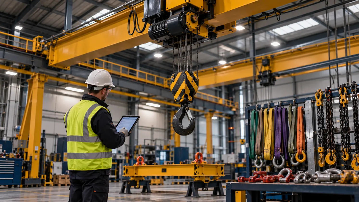 Worker in safety vest and helmet inspecting a large yellow overhead crane hook in an industrial warehouse