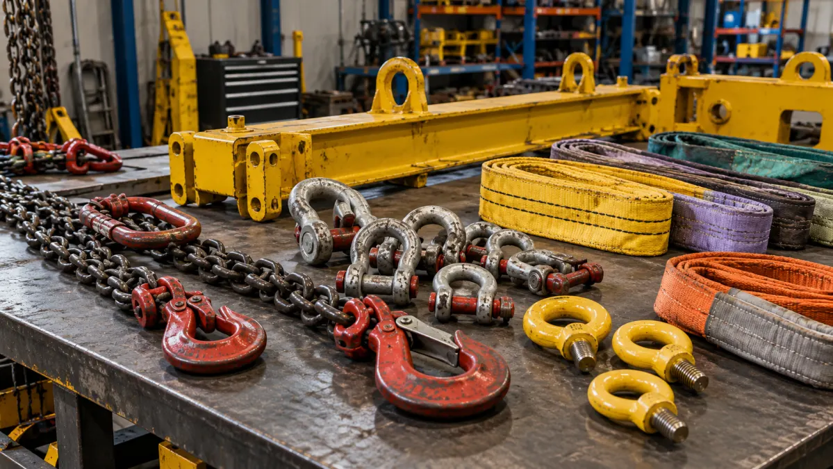 Various lifting chains, hooks, shackles, and slings laid out on a metal workbench in an industrial workshop