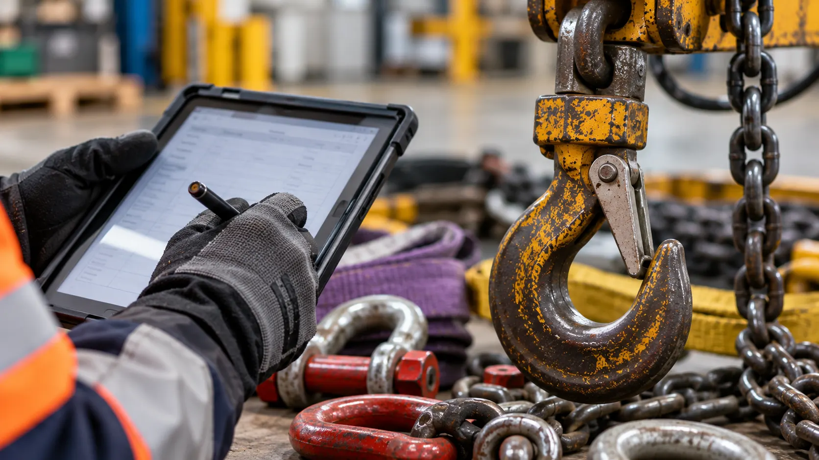 Worker in gloves using a tablet to inspect heavy lifting equipment including a large yellow hook and chains