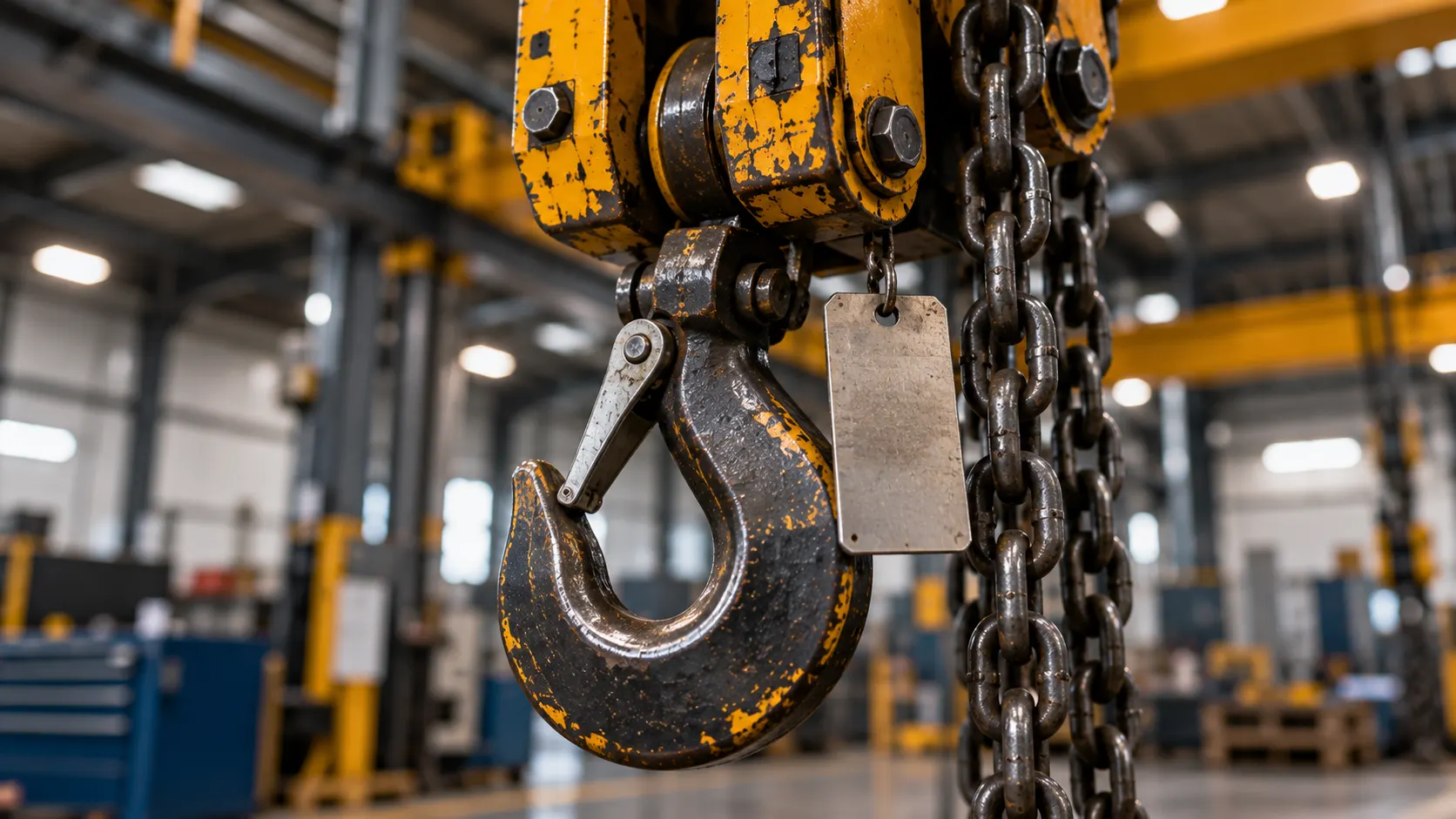 Close up of a heavy duty industrial lift hook with chains in a warehouse setting
