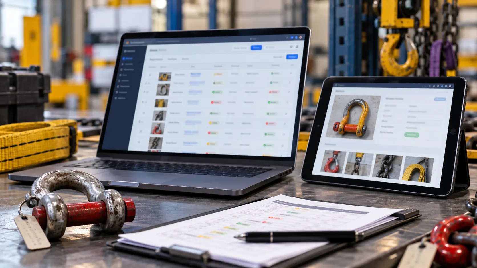 Laptop and tablet displaying inspection reports on a workshop table with lifting equipme