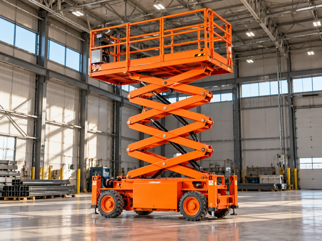 Orange scissor lift platform raised inside a large industrial warehouse with metal beams and windows
