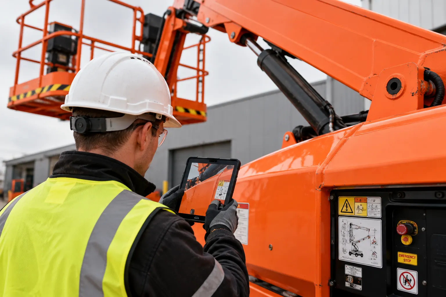 Technician in safety gear inspecting orange lift equipment using a tablet outdoors