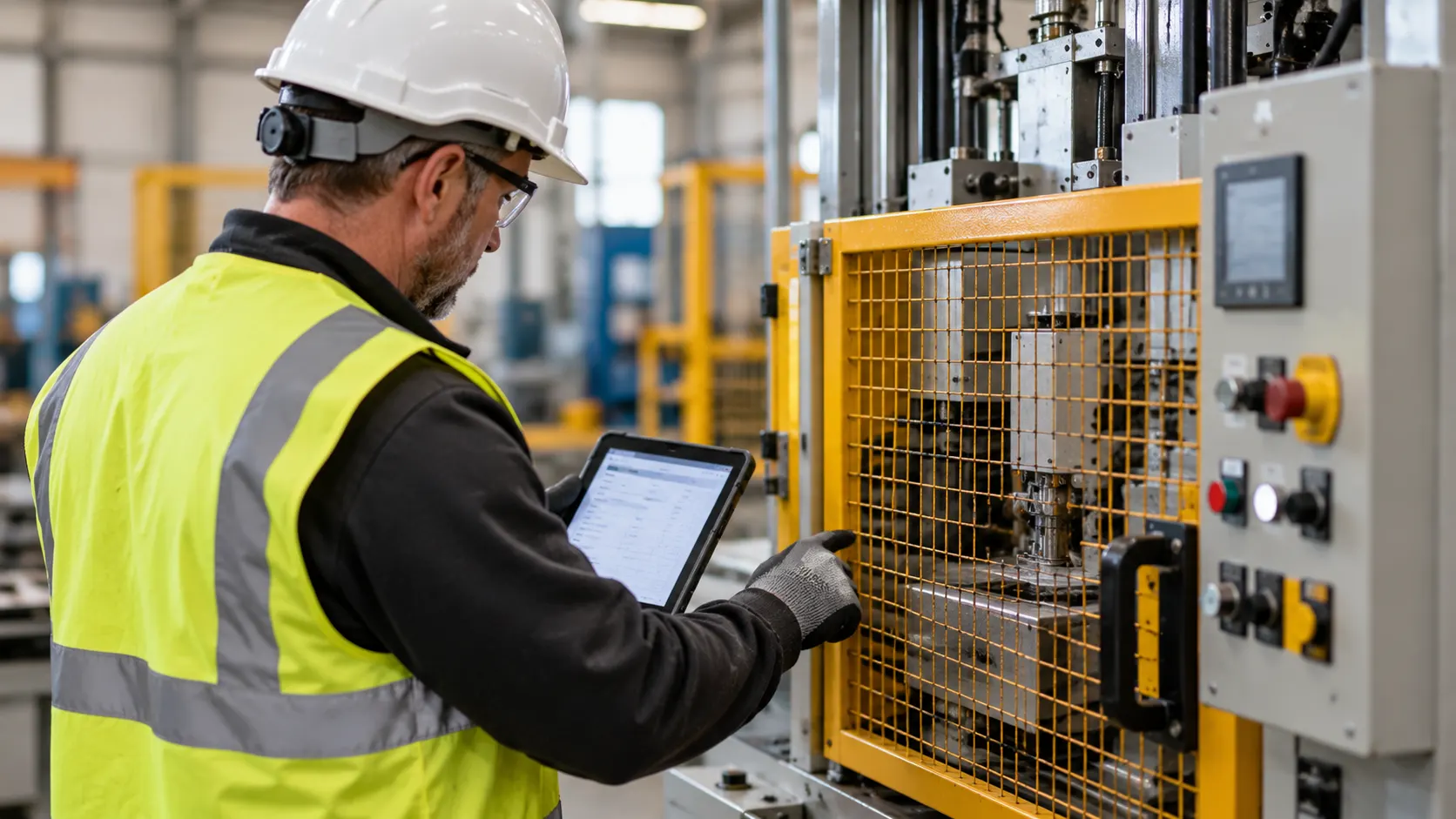Technician in high visibility vest and hard hat inspecting industrial machinery with a table
