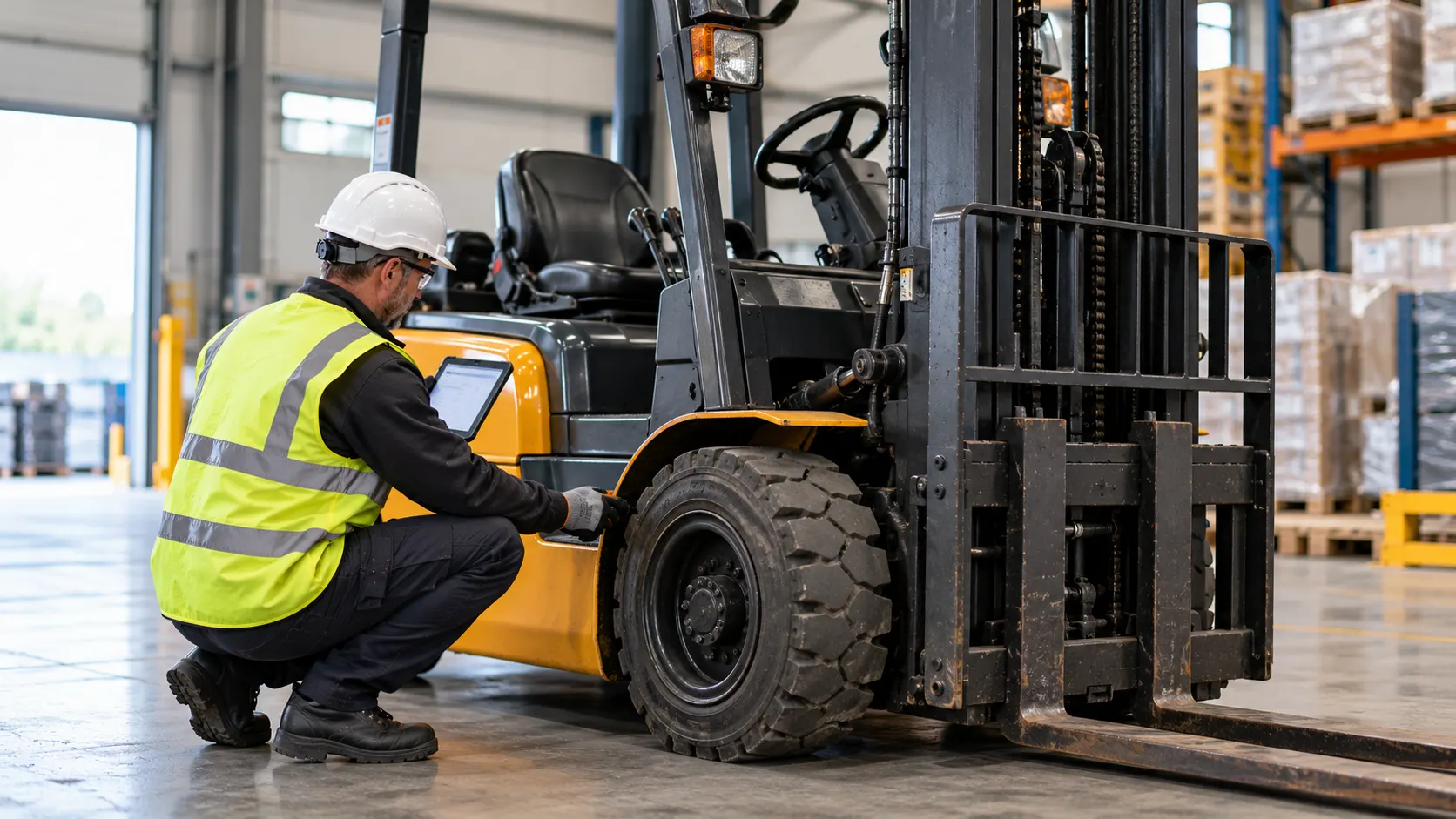 Worker in high visibility vest and hard hat inspecting forklift tyre with tablet in warehouse