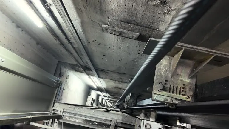 Looking down inside a lift shaft showing cables and mechanical parts